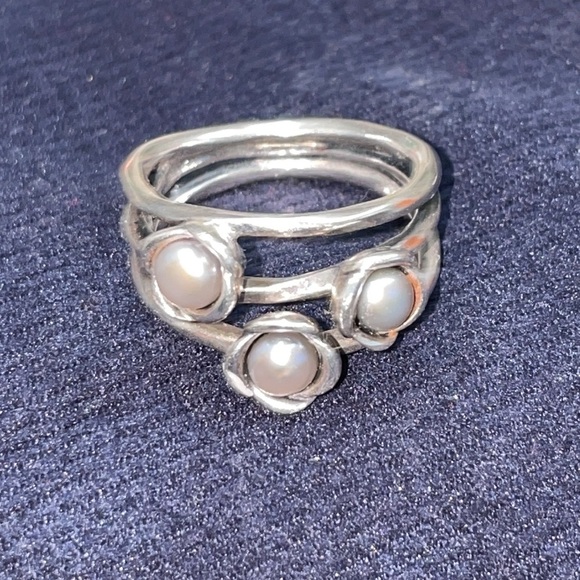 Pandora Sterling silver Wishes Ring three 3 Flowers 925 Tahitian pearls 7.5 / 56 - Picture 6 of 8